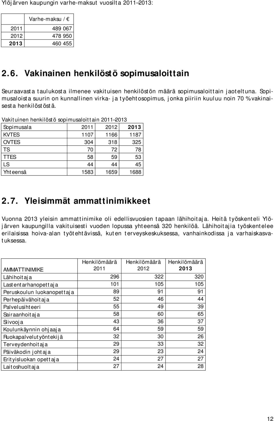 Sopimusaloista suurin on kunnallinen virka- ja työehtosopimus, jonka piiriin kuuluu noin 70 % vakinaisesta henkilöstöstä.