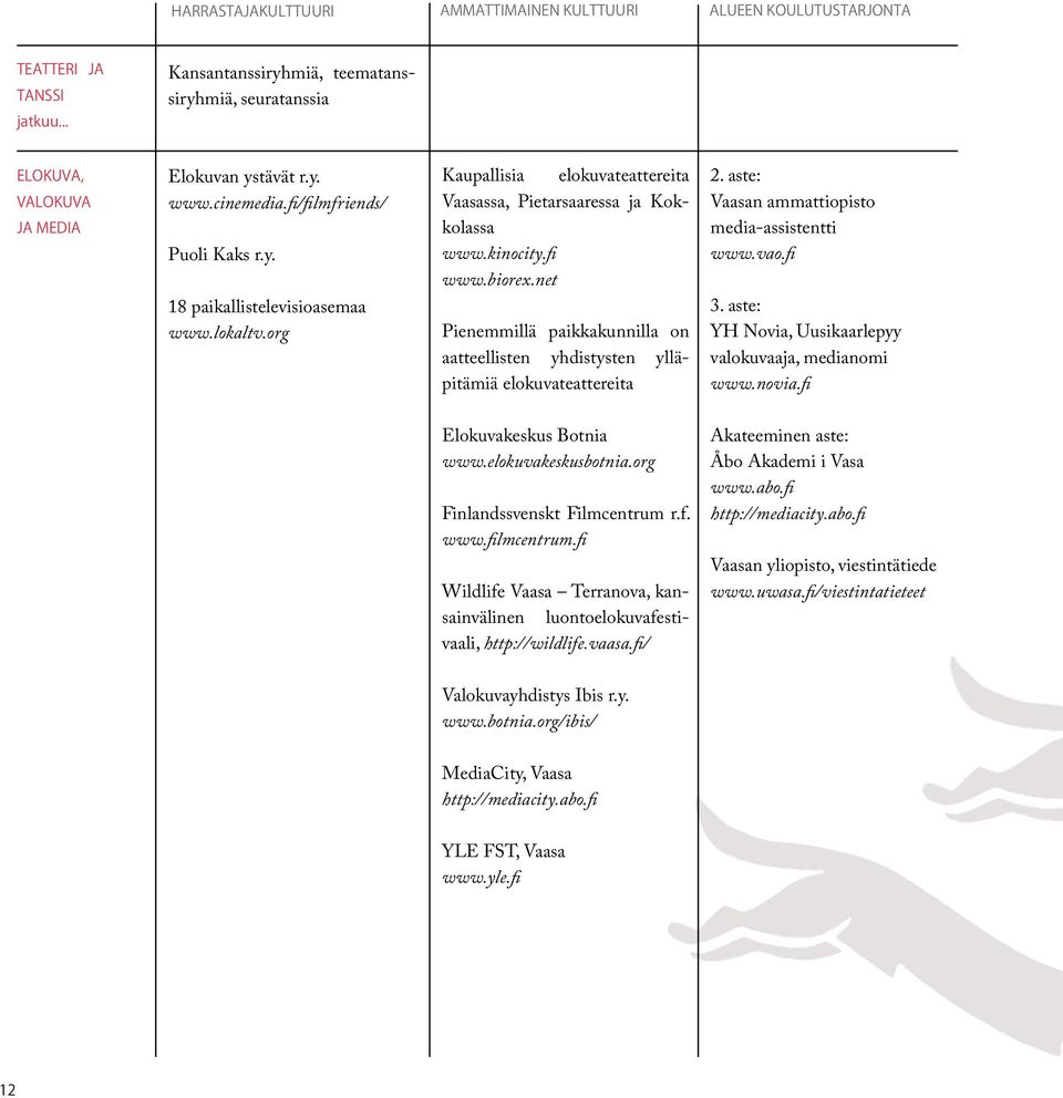 net Pienemmillä paikkakunnilla on aatteellisten yhdistysten ylläpitämiä elokuvateattereita 2. aste: Vaasan ammattiopisto media-assistentti www.vao.fi 3.