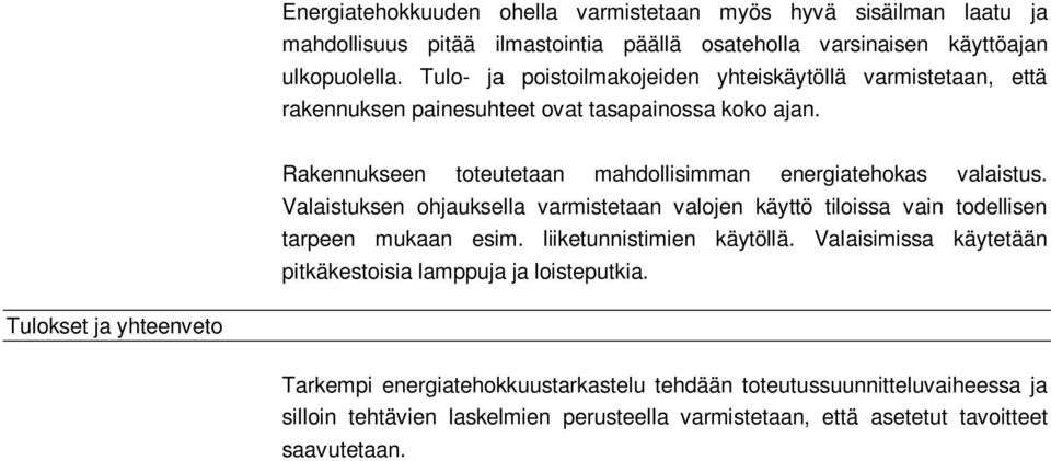 Rakennukseen toteutetaan mahdollisimman energiatehokas valaistus. Valaistuksen ohjauksella varmistetaan valojen käyttö tiloissa vain todellisen tarpeen mukaan esim.