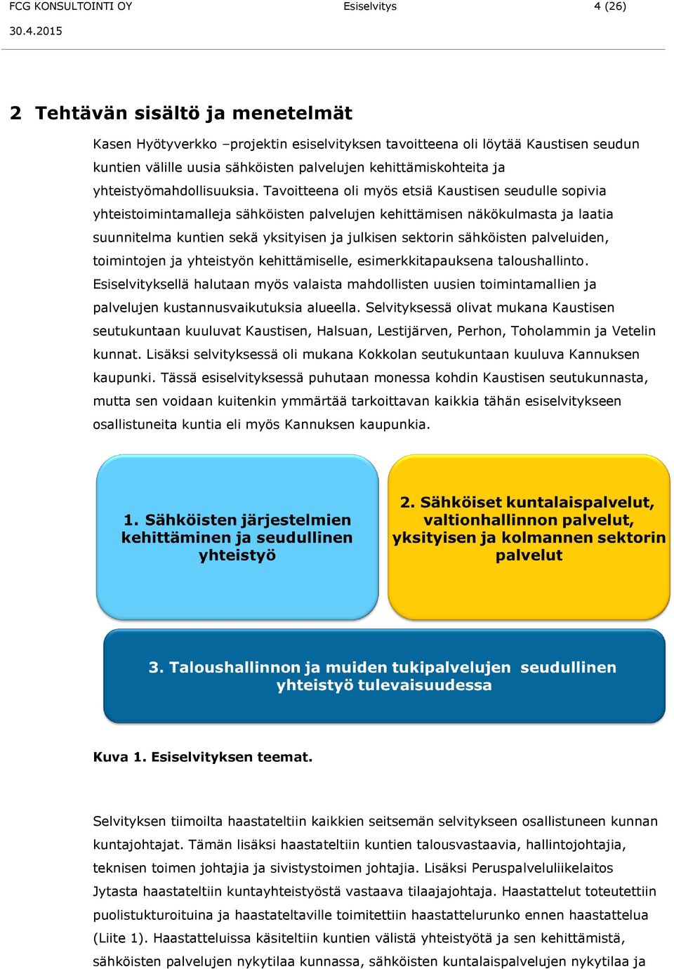 2015 2 Tehtävän sisältö ja menetelmät Kasen Hyötyverkko projektin esiselvityksen tavoitteena oli löytää Kaustisen seudun kuntien välille uusia sähköisten palvelujen kehittämiskohteita ja