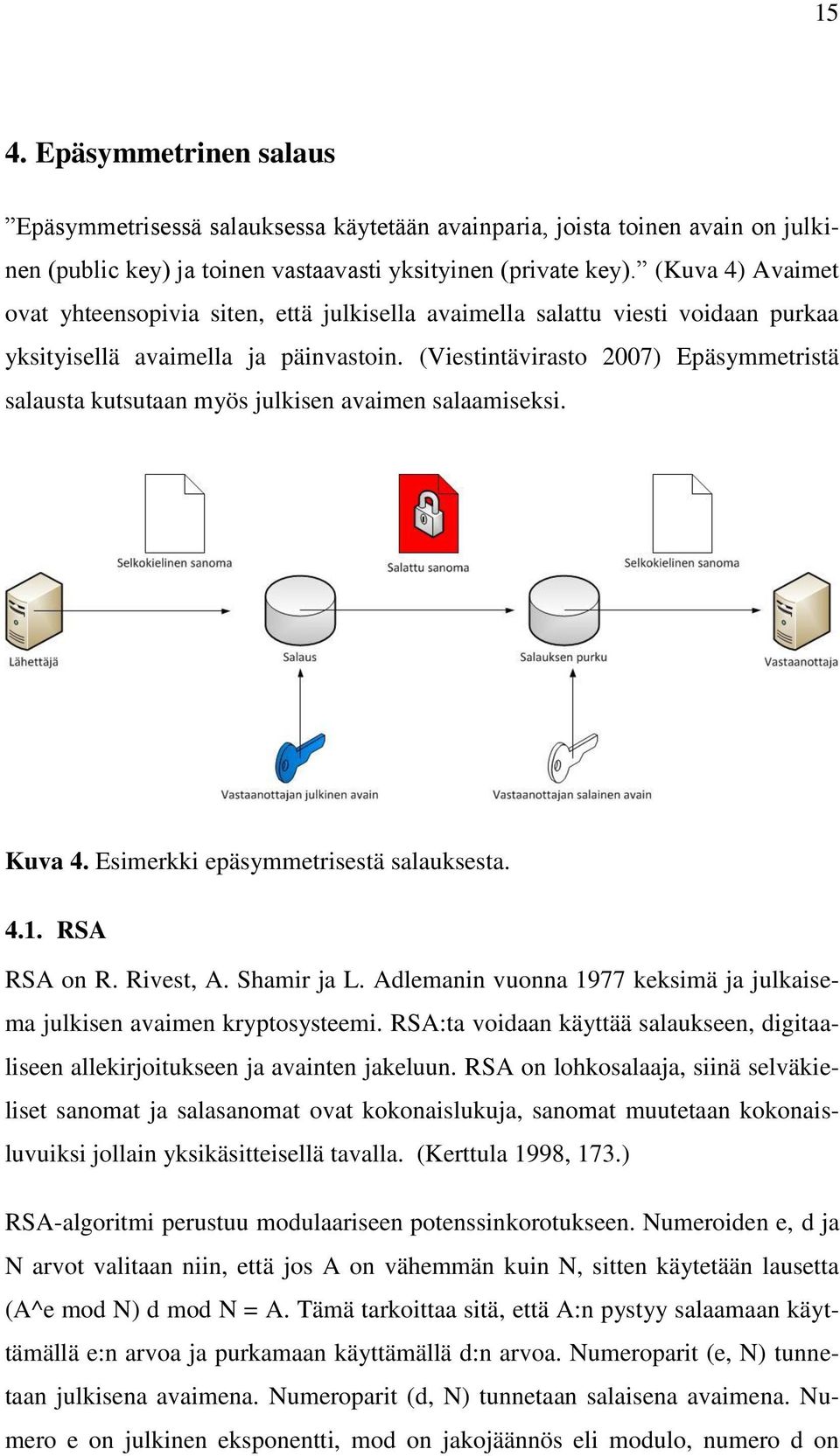 (Viestintävirasto 2007) Epäsymmetristä salausta kutsutaan myös julkisen avaimen salaamiseksi. Kuva 4. Esimerkki epäsymmetrisestä salauksesta. 4.1. RSA RSA on R. Rivest, A. Shamir ja L.