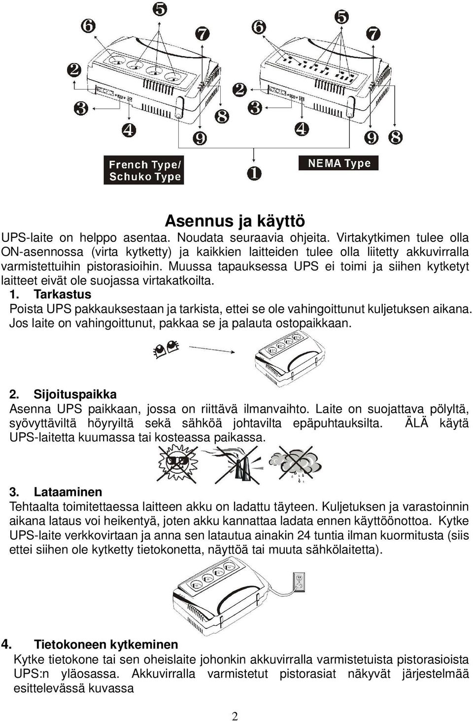 Muussa tapauksessa UPS ei toimi ja siihen kytketyt laitteet eivät ole suojassa virtakatkoilta. 1. Tarkastus Poista UPS pakkauksestaan ja tarkista, ettei se ole vahingoittunut kuljetuksen aikana.