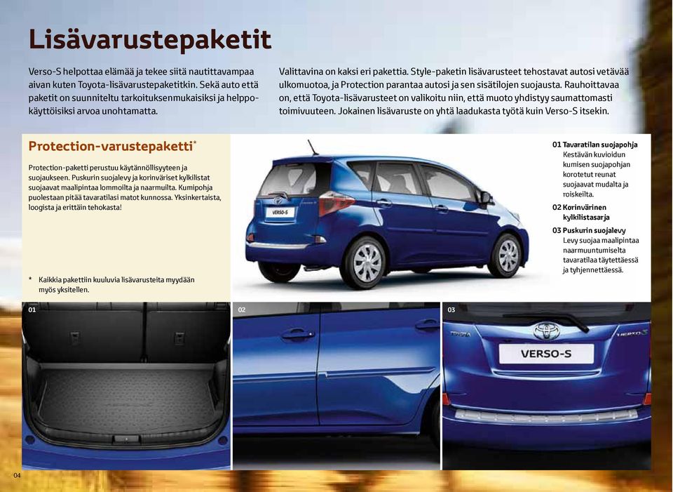 Style-paketin lisävarusteet tehostavat autosi vetävää ulkomuotoa, ja Protection parantaa autosi ja sen sisätilojen suojausta.