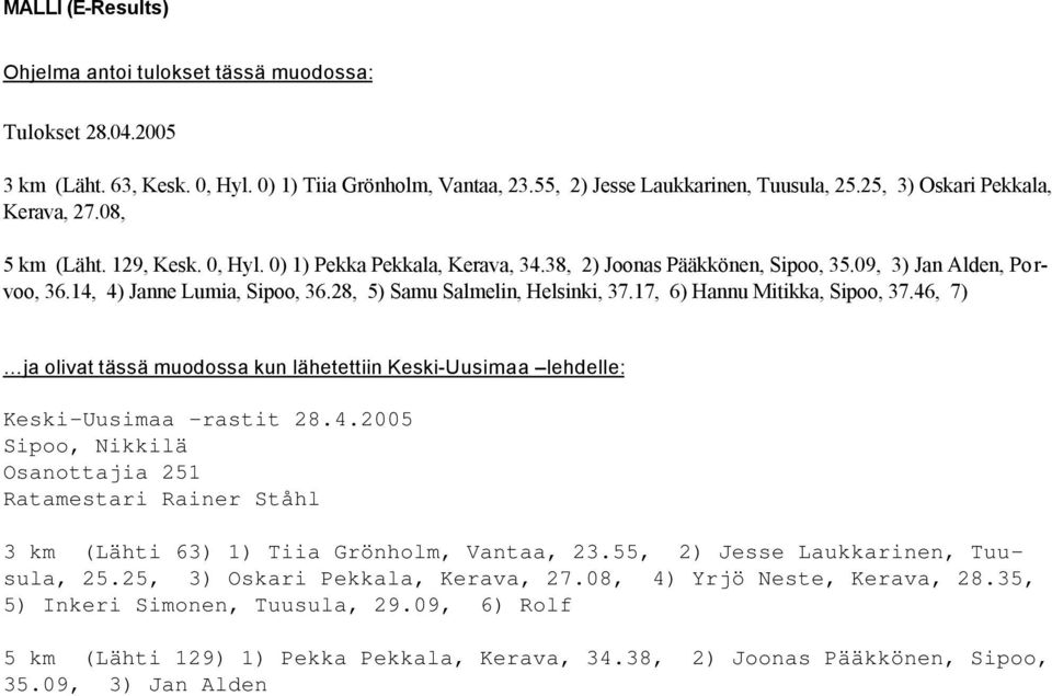 28, 5) Samu Salmelin, Helsinki, 37.17, 6) Hannu Mitikka, Sipoo, 37.46, 7) ja olivat tässä muodossa kun lähetettiin Keski-Uusimaa lehdelle: Keski-Uusimaa -rastit 28.4.2005 Sipoo, Nikkilä Osanottajia 251 Ratamestari Rainer Ståhl 3 km (Lähti 63) 1) Tiia Grönholm, Vantaa, 23.