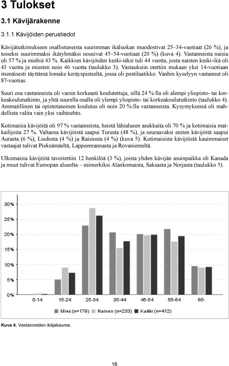 1 Kävijöiden perustiedot Kävijätutkimukseen osallistuneista suurimman ikäluokan muodostivat 25 34-vuotiaat (26 %), ja toiseksi suurimmaksi ikäryhmäksi nousivat 45 54-vuotiaat (20 %) (kuva 4).