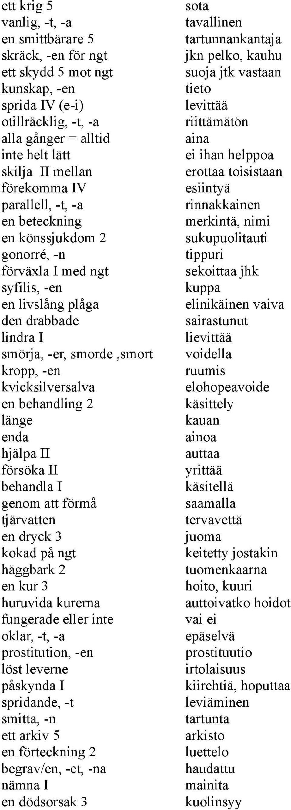 behandling 2 länge enda hjälpa II försöka II behandla I genom att förmå tjärvatten en dryck 3 kokad på ngt häggbark 2 en kur 3 huruvida kurerna fungerade eller inte oklar, -t, -a prostitution, -en