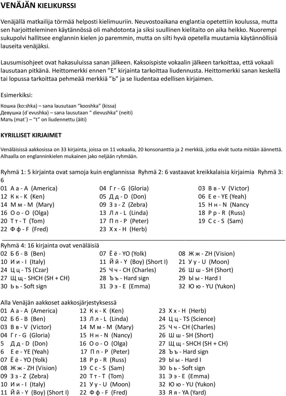 Nuorempi sukupolvi hallitsee englannin kielen jo paremmin, mutta on silti hyvä opetella muutamia käytännöllisiä lauseita venäjäksi. Lausumisohjeet ovat hakasuluissa sanan jälkeen.