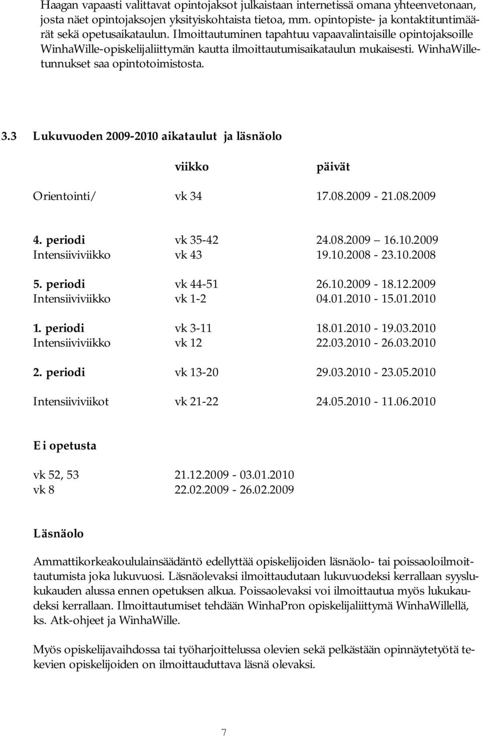 3 Lukuvuoden 2009 2010 aikataulut ja läsnäolo viikko päivät Orientointi/ vk 34 17.08.2009 21.08.2009 4. periodi vk 35 42 24.08.2009 16.10.2009 Intensiiviviikko vk 43 19.10.2008 23.10.2008 5.