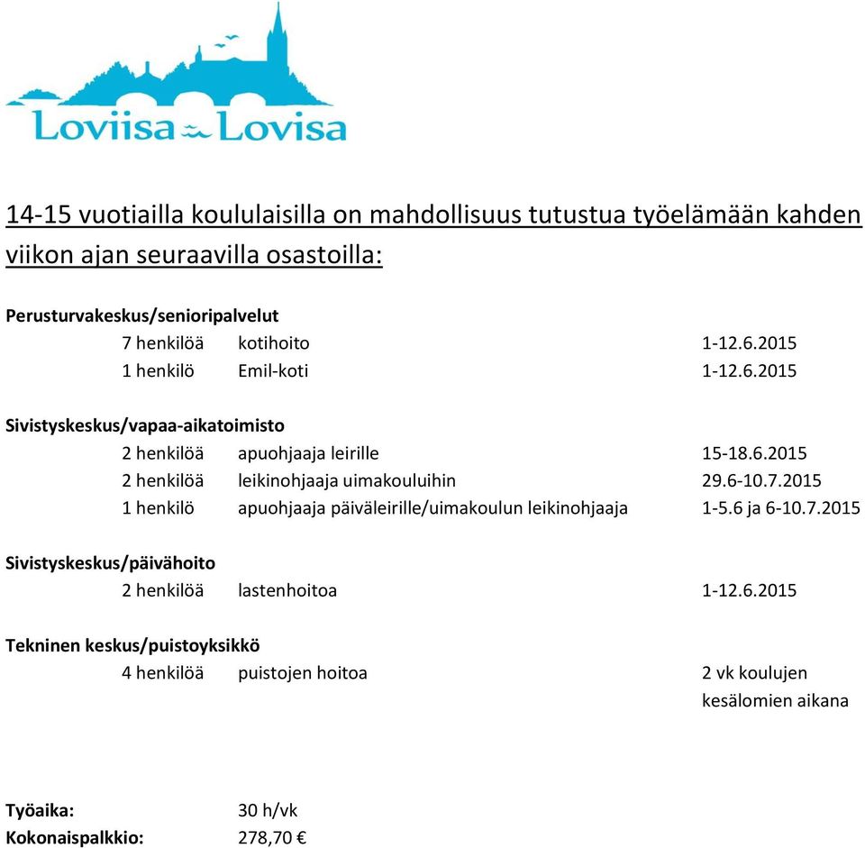 6-10.7.2015 1 henkilö apuohjaaja päiväleirille/uimakoulun leikinohjaaja 1-5.6 ja 6-10.7.2015 Sivistyskeskus/päivähoito 2 henkilöä lastenhoitoa 1-12.