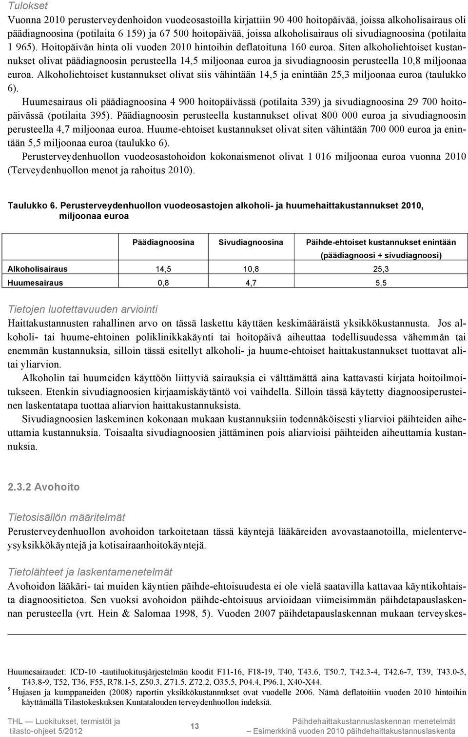 Siten alkoholiehtoiset kustannukset olivat päädiagnoosin perusteella 14,5 miljoonaa euroa ja sivudiagnoosin perusteella 10,8 miljoonaa euroa.