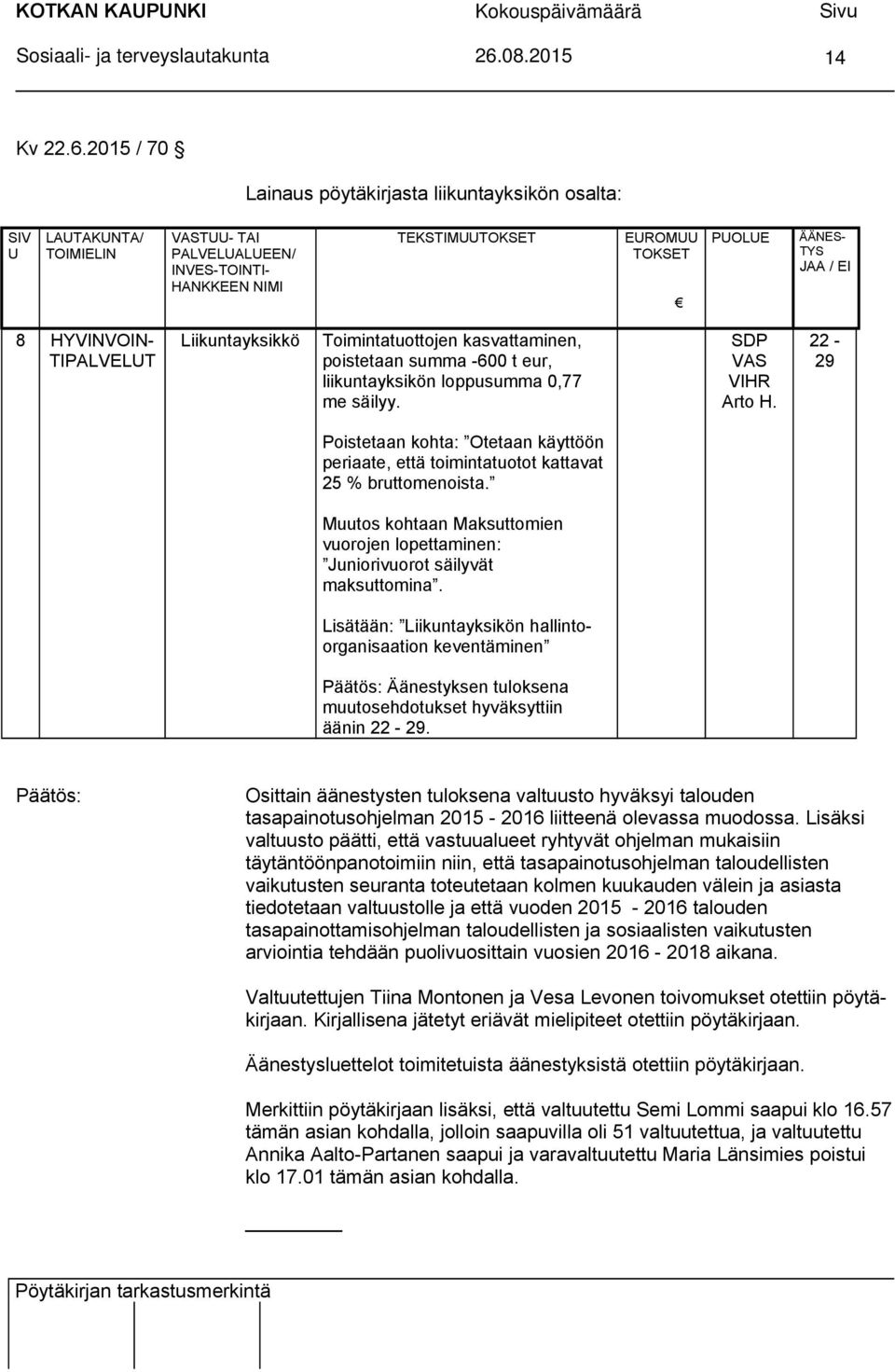 2015 / 70 Lainaus pöytäkirjasta liikuntayksikön osalta: SIV U LAUTAKUNTA/ TOIMIELIN VASTUU- TAI PALVELUALUEEN/ INVES-TOINTI- HANKKEEN NIMI TEKSTIMUUTOKSET EUROMUU TOKSET PUOLUE ÄÄNES- TYS JAA / EI 8