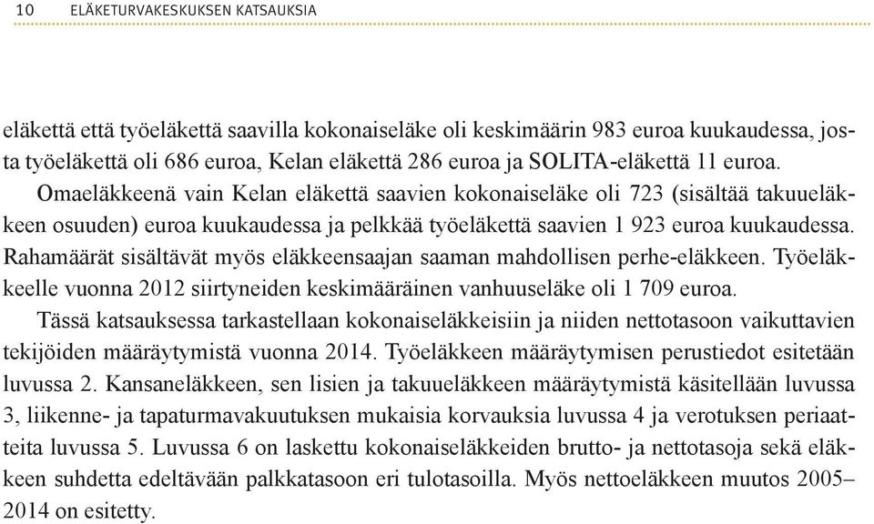 Rahamäärät sisältävät myös eläkkeensaajan saaman mahdollisen perhe-eläkkeen. Työeläkkeelle vuonna 2012 siirtyneiden keskimääräinen vanhuuseläke oli 1 709 euroa.