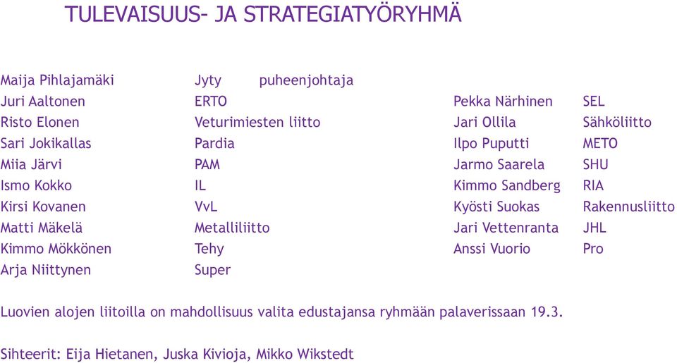 Kovanen VvL Kyösti Suokas Rakennusliitto Matti Mäkelä Metalliliitto Jari Vettenranta JHL Kimmo Mökkönen Tehy Anssi Vuorio Pro Arja Niittynen