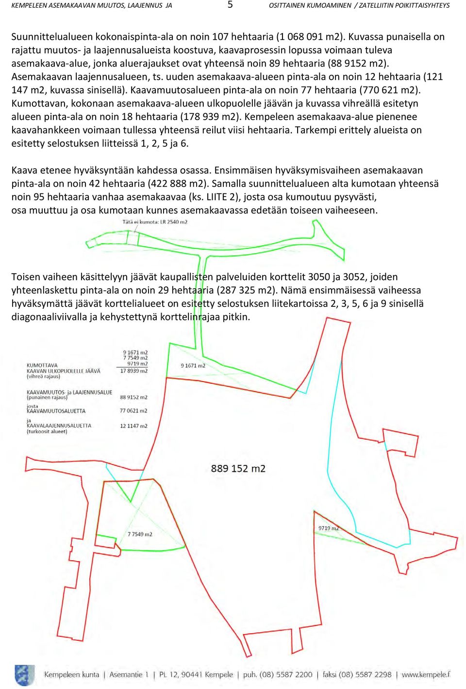 Asemakaavan laajennusalueen, ts. uuden asemakaava-alueen pinta-ala on noin 12 hehtaaria (121 147 m2, kuvassa sinisellä). Kaavamuutosalueen pinta-ala on noin 77 hehtaaria (770 621 m2).