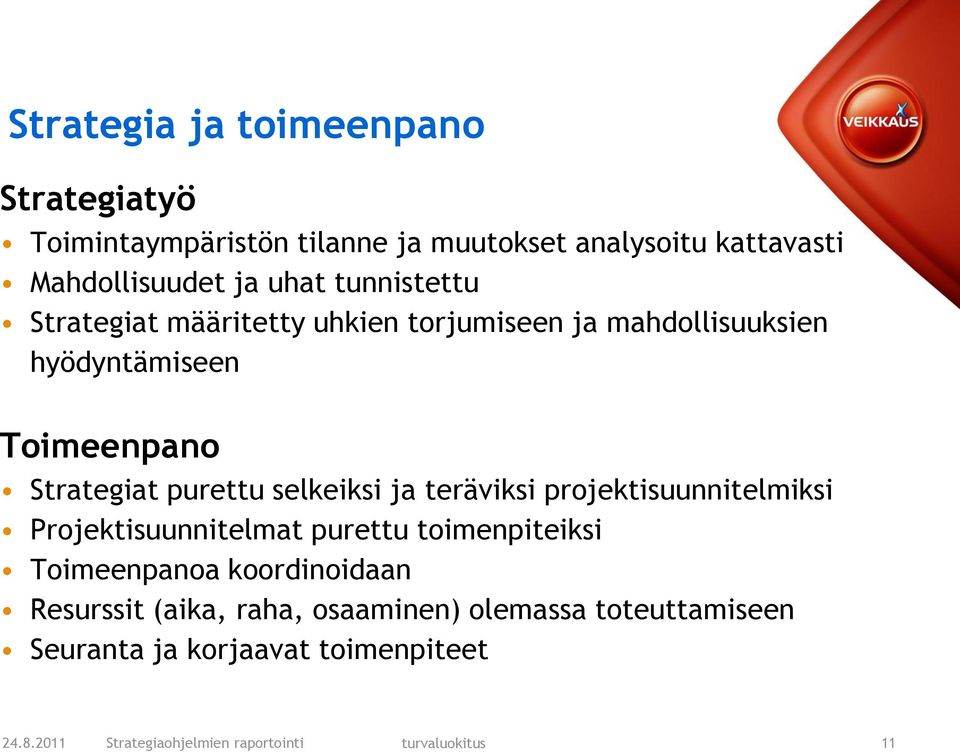 selkeiksi ja teräviksi projektisuunnitelmiksi Projektisuunnitelmat purettu toimenpiteiksi Toimeenpanoa koordinoidaan