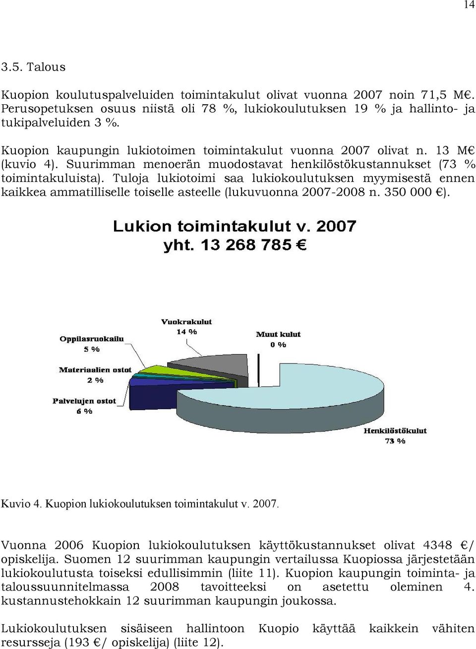 Tuloja lukiotoimi saa lukiokoulutuksen myymisestä ennen kaikkea ammatilliselle toiselle asteelle (lukuvuonna 2007-2008 n. 350 000 ). Kuvio 4. Kuopion lukiokoulutuksen toimintakulut v. 2007. Vuonna 2006 Kuopion lukiokoulutuksen käyttökustannukset olivat 4348 / opiskelija.