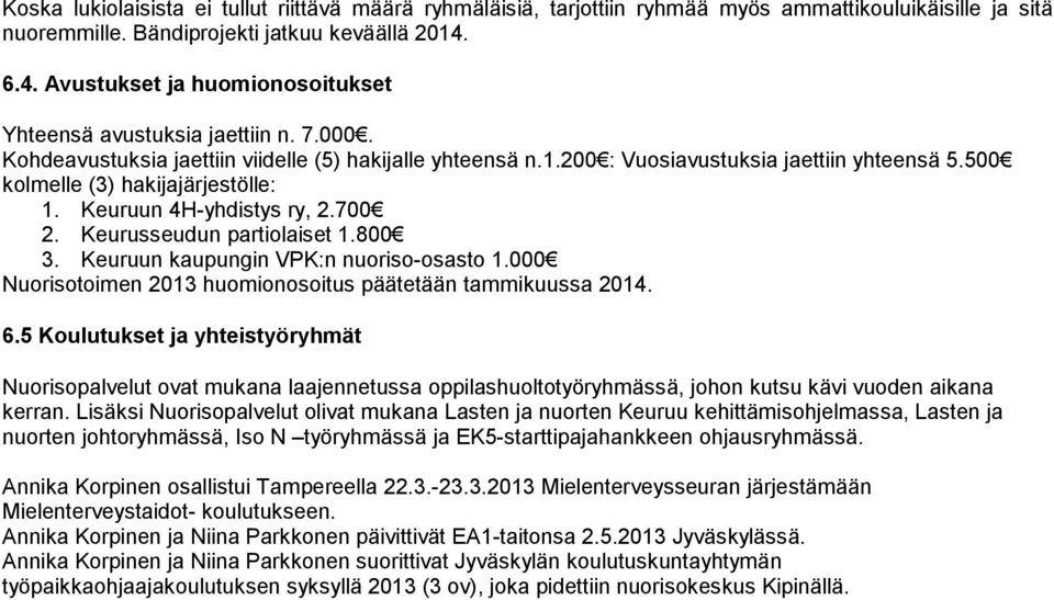 500 kolmelle (3) hakijajärjestölle: 1. Keuruun 4H-yhdistys ry, 2.700 2. Keurusseudun partiolaiset 1.800 3. Keuruun kaupungin VPK:n nuoriso-osasto 1.