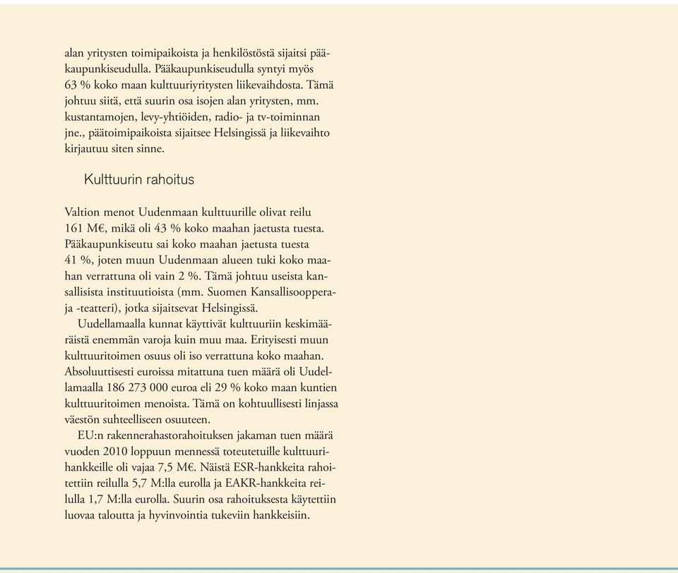Kulttuurin rahoitus Valtion menot Uudenmaan kulttuurille olivat reilu 161 M, mikä oli 43 % koko maahan jaetusta tuesta.