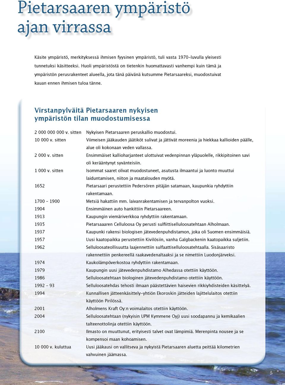 Virstanpylväitä Pietarsaaren nykyisen ympäristön tilan muodostumisessa 2 000 000 000 v. sitten Nykyisen Pietarsaaren peruskallio muodostui. 10 000 v.