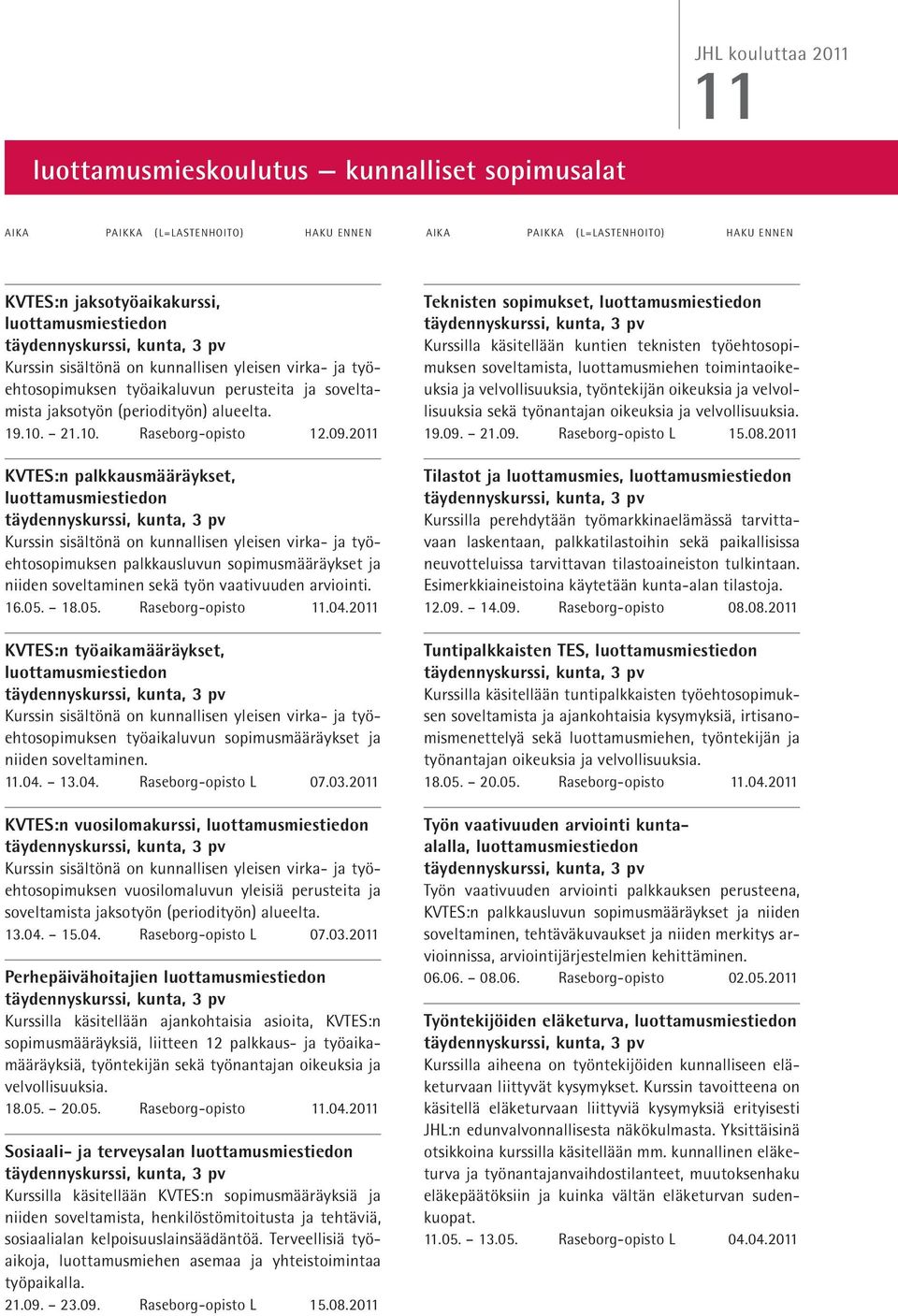 2011 KVTES:n palkkausmääräykset, luottamusmiestiedon täydennyskurssi, kunta, 3 pv Kurssin sisältönä on kunnallisen yleisen virka- ja työehtosopimuksen palkkausluvun sopimusmääräykset ja niiden