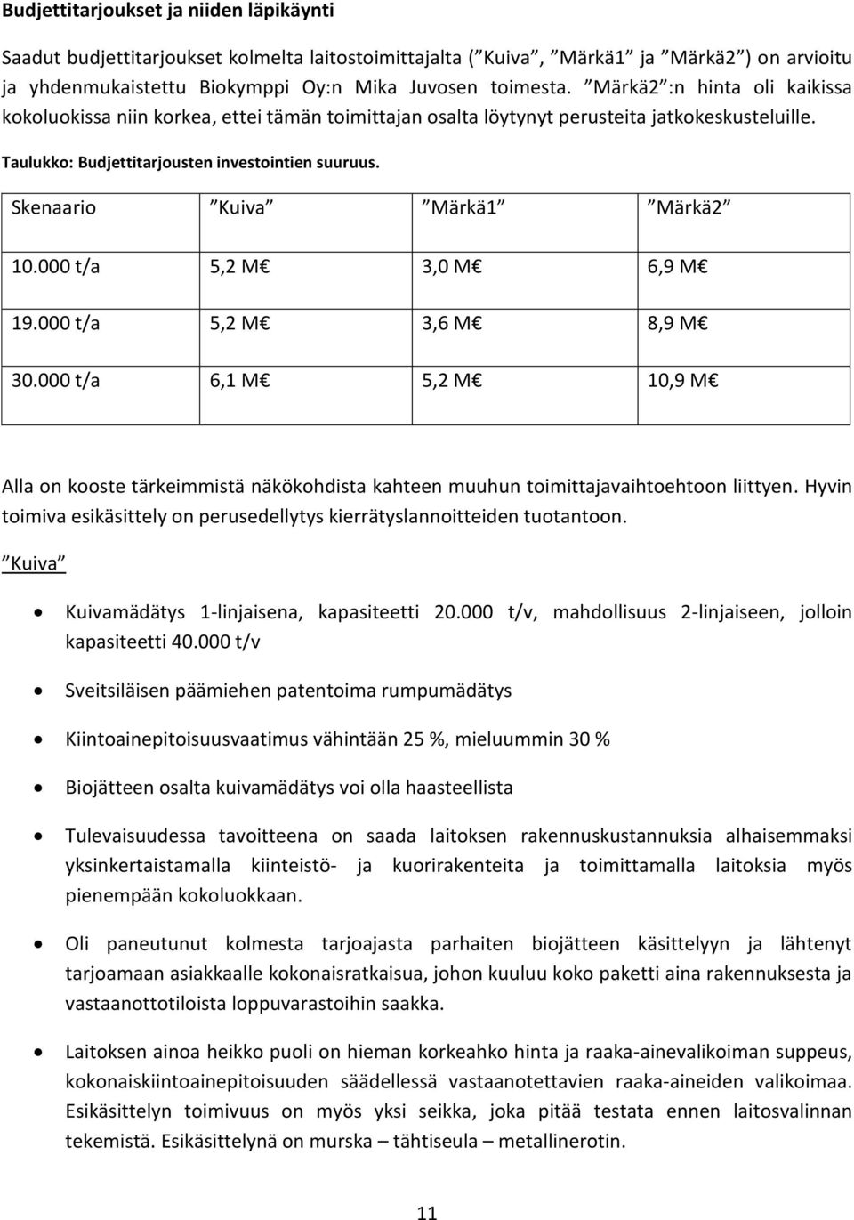 Skenaario Kuiva Märkä1 Märkä2 10.000 t/a 5,2 M 3,0 M 6,9 M 19.000 t/a 5,2 M 3,6 M 8,9 M 30.