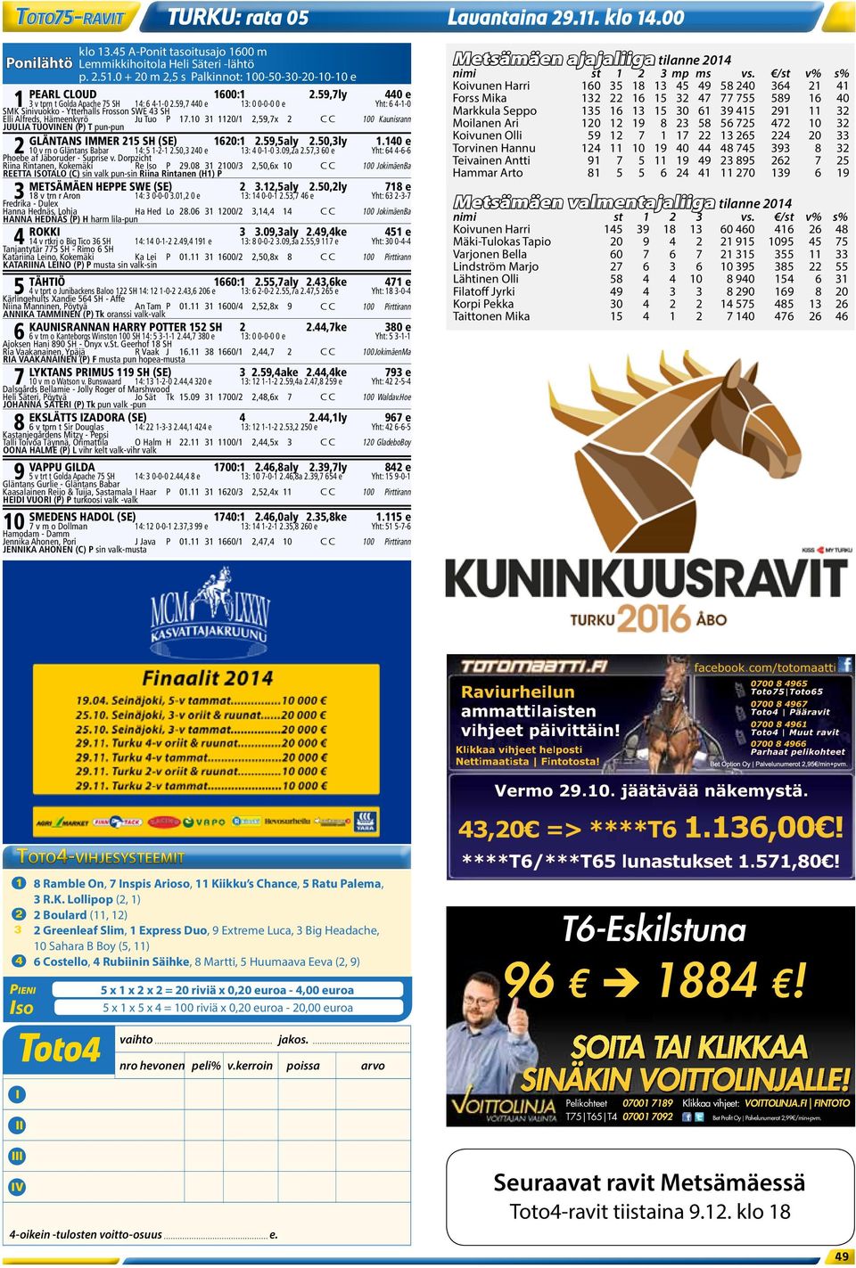 10 31 1120/1 2,59,7x 2 C C 100 Kaunisrann JUULIA TUOVINEN (P) T pun-pun GLÄNTANS IMMER 215 SH (SE) 1620:1 2.59,5aly 2.50,3ly 1.140 e 2 10 v rn o Gläntans Babar 14: 5 1-2-1 2.50,3 240 e 13: 4 0-1-0 3.