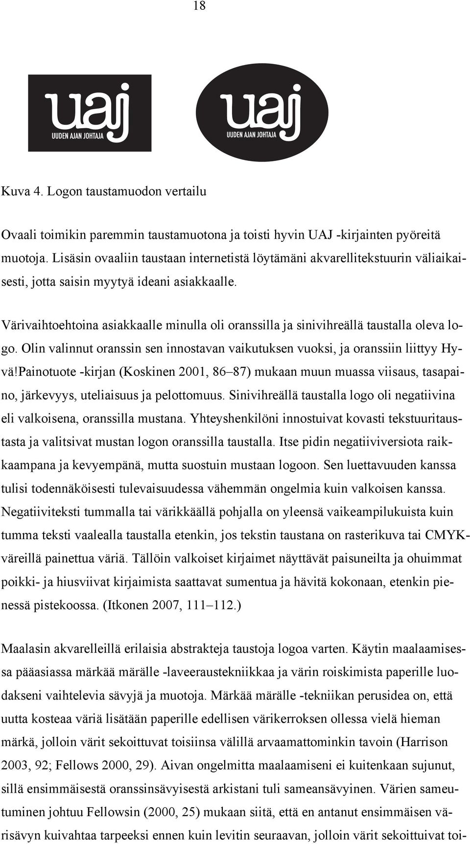 Värivaihtoehtoina asiakkaalle minulla oli oranssilla ja sinivihreällä taustalla oleva logo. Olin valinnut oranssin sen innostavan vaikutuksen vuoksi, ja oranssiin liittyy Hyvä!