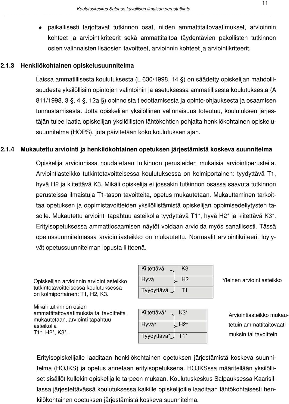3 Henkilökohtainen opiskelusuunnitelma Laissa ammatillisesta koulutuksesta (L 630/1998, 14 ) on säädetty opiskelijan mahdollisuudesta yksilöllisiin opintojen valintoihin ja asetuksessa ammatillisesta