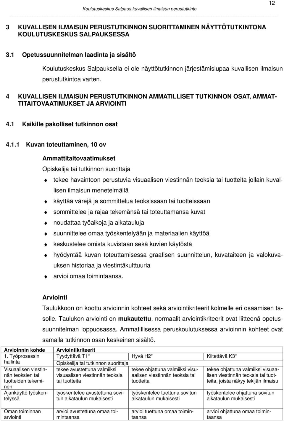 4 KUVALLISEN ILMAISUN PERUSTUTKINNON AMMATILLISET TUTKINNON OSAT, AMMAT- TITAITOVAATIMUKSET JA ARVIOINTI 4.1 