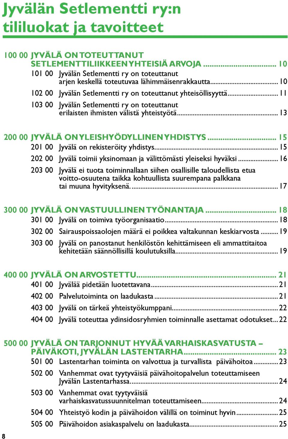 ..11 103 00 Jyvälän Setlementti ry on toteuttanut erilaisten ihmisten välistä yhteistyötä...13 200 00 JYVÄLÄ ON YLEISHYÖDYLLINEN YHDISTYS... 15 201 00 Jyvälä on rekisteröity yhdistys.