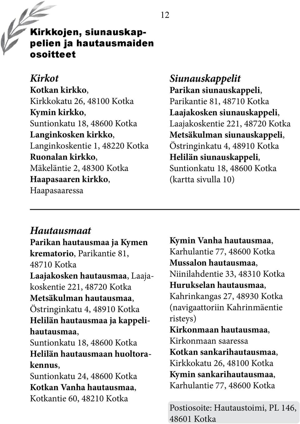 48720 Kotka Metsäkulman siunauskappeli, Östringinkatu 4, 48910 Kotka Helilän siunauskappeli, Suntionkatu 18, 48600 Kotka (kartta sivulla 10) Hautausmaat Parikan hautausmaa ja Kymen krematorio,