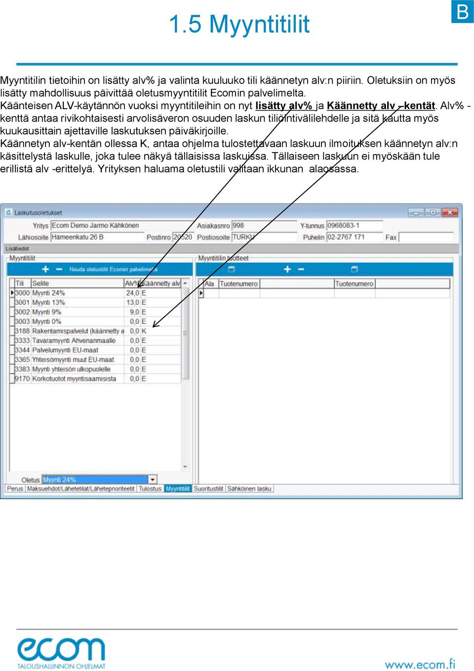 Alv% - kenttä antaa rivikohtaisesti arvolisäveron osuuden laskun tiliöintivälilehdelle ja sitä kautta myös kuukausittain ajettaville laskutuksen päiväkirjoille.