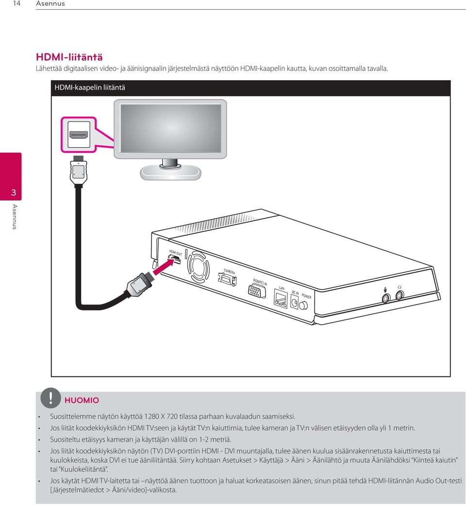 Jos liität koodekkiyksikön HDMI TV:seen ja käytät TV:n kaiuttimia, tulee kameran ja TV:n välisen etäisyyden olla yli 1 metrin. Suositeltu etäisyys kameran ja käyttäjän välillä on 1-2 metriä.