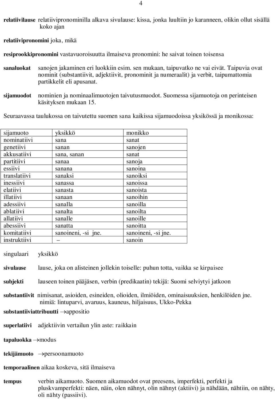 Taipuvia ovat nominit (substantiivit, adjektiivit, pronominit ja numeraalit) ja verbit, taipumattomia partikkelit eli apusanat. sijamuodot nominien ja nominaalimuotojen taivutusmuodot.