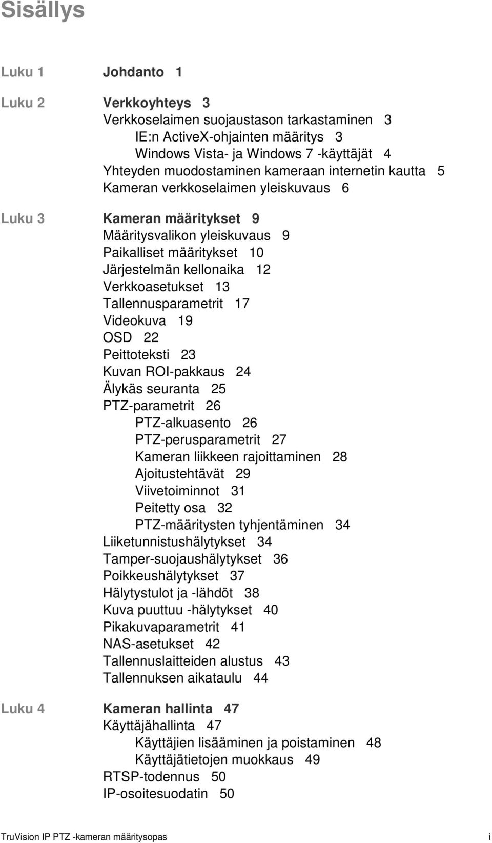 Tallennusparametrit 17 Videokuva 19 OSD 22 Peittoteksti 23 Kuvan ROI-pakkaus 24 Älykäs seuranta 25 PTZ-parametrit 26 PTZ-alkuasento 26 PTZ-perusparametrit 27 Kameran liikkeen rajoittaminen 28