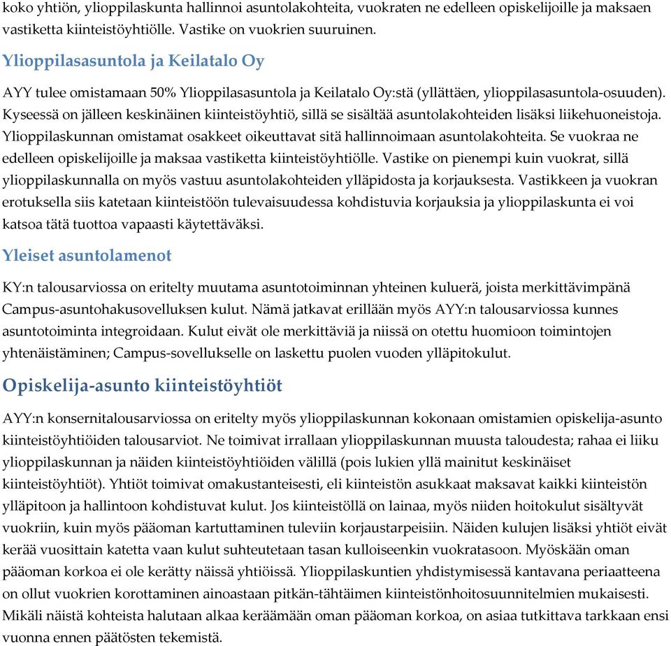 Kyseessä on jälleen keskinäinen kiinteistöyhtiö, sillä se sisältää asuntolakohteiden lisäksi liikehuoneistoja. Ylioppilaskunnan omistamat osakkeet oikeuttavat sitä hallinnoimaan asuntolakohteita.