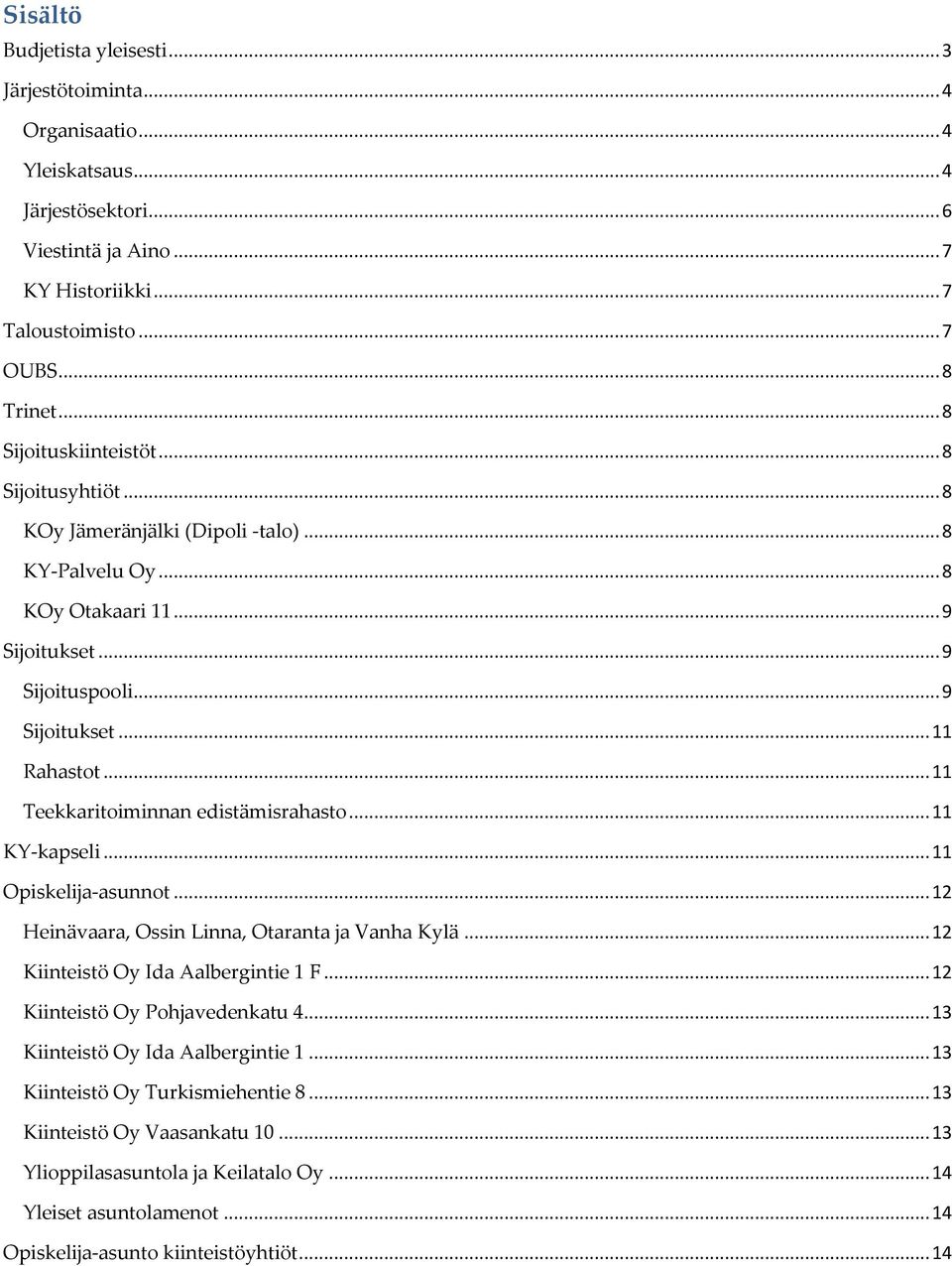 .. 11 Teekkaritoiminnan edistämisrahasto... 11 KY-kapseli... 11 Opiskelija-asunnot... 12 Heinävaara, Ossin Linna, Otaranta ja Vanha Kylä... 12 Kiinteistö Oy Ida Aalbergintie 1 F.