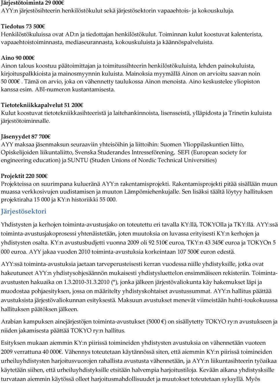 Aino 90 000 Ainon talous koostuu päätoimittajan ja toimitussihteerin henkilöstökuluista, lehden painokuluista, kirjoituspalkkioista ja mainosmyynnin kuluista.