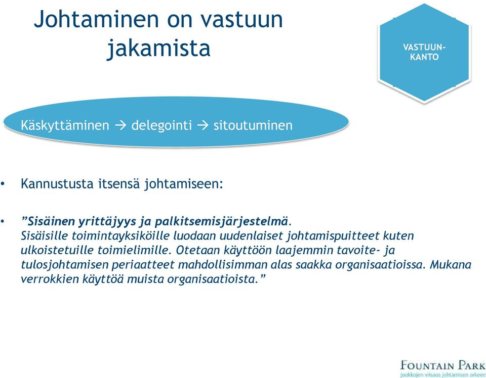 Sisäisille toimintayksiköille luodaan uudenlaiset johtamispuitteet kuten ulkoistetuille toimielimille.