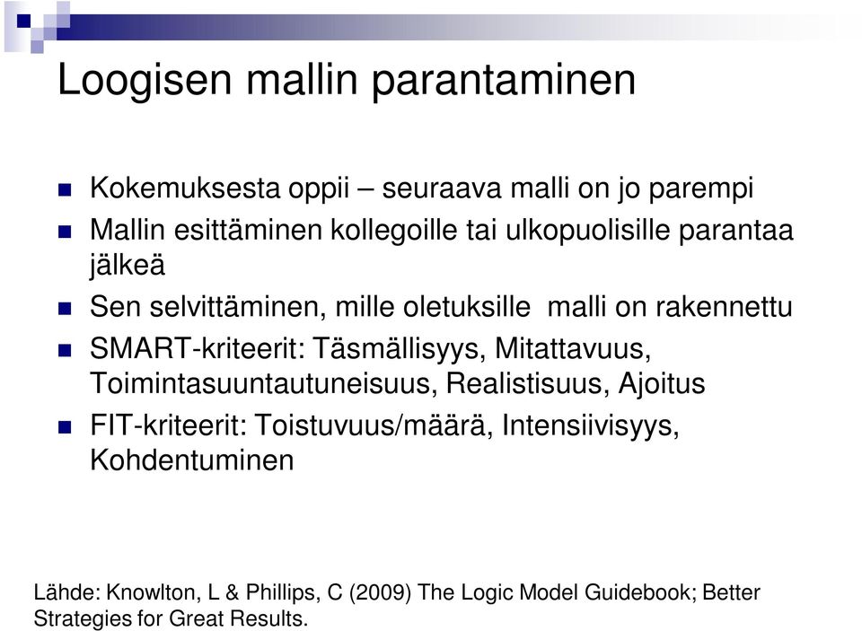 Täsmällisyys, Mitattavuus, Toimintasuuntautuneisuus, Realistisuus, Ajoitus FIT-kriteerit: Toistuvuus/määrä,