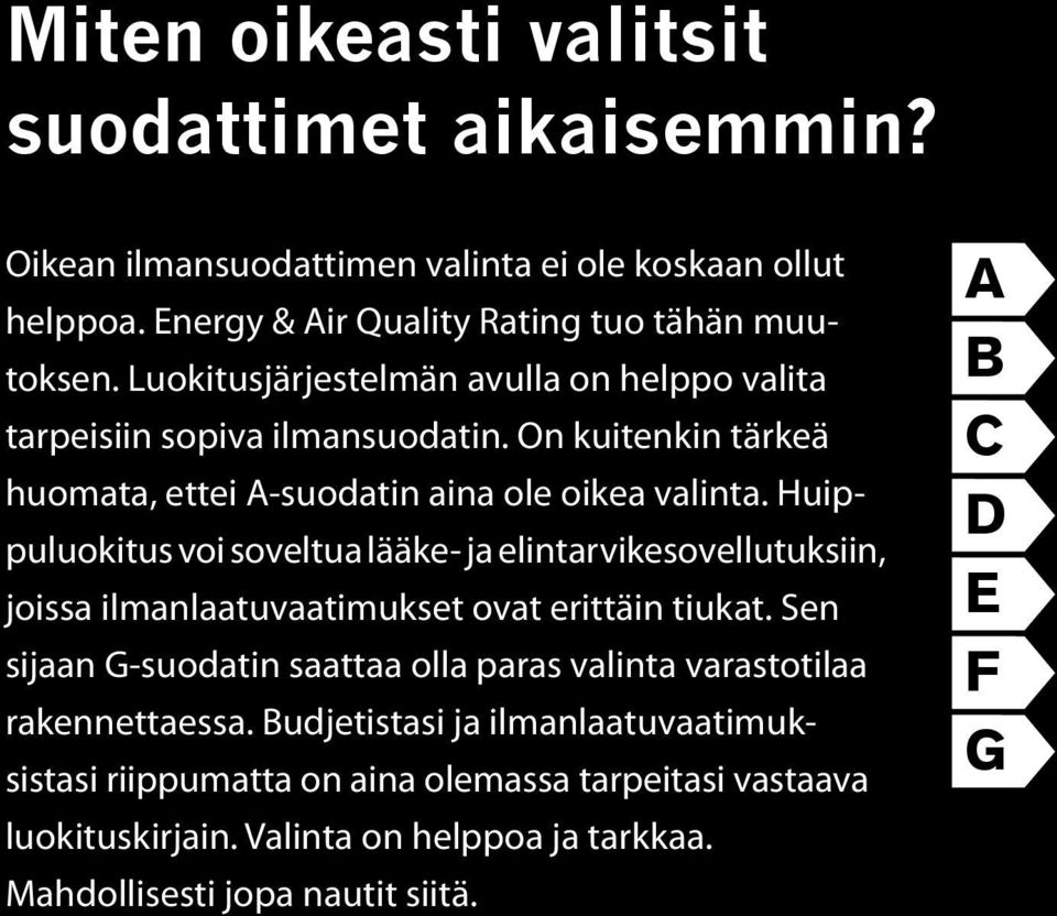 Huippuluokitus voi soveltua lääke- ja elintarvikesovellutuksiin, joissa ilmanlaatuvaatimukset ovat erittäin tiukat.