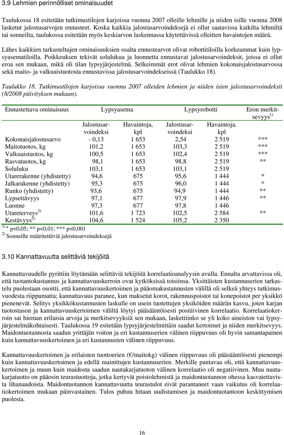 Lähes kaikkien tarkasteltujen ominaisuuksien osalta ennustearvot olivat robottitiloilla korkeammat kuin lypsyasematiloilla.