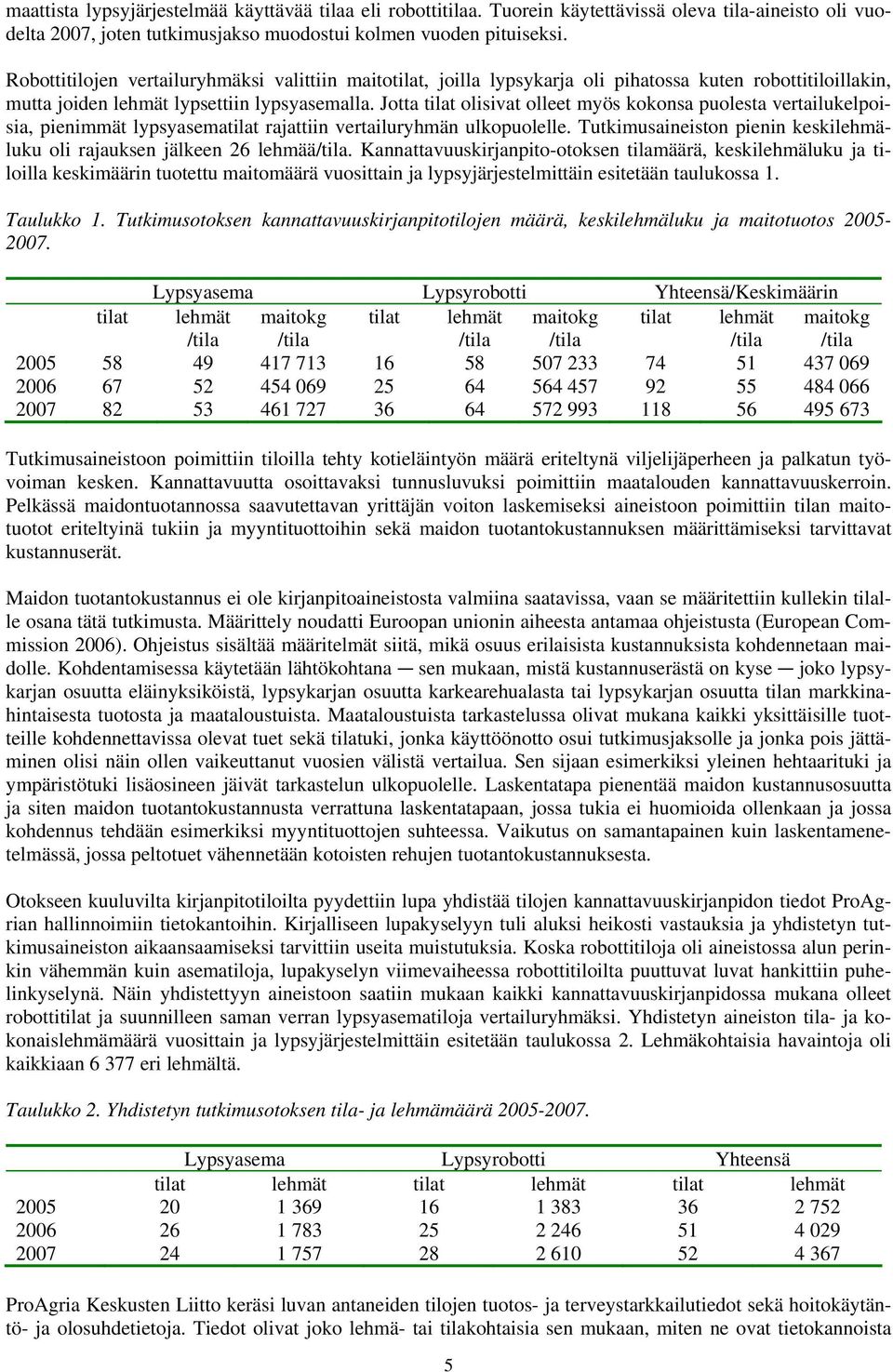 Jotta tilat olisivat olleet myös kokonsa puolesta vertailukelpoisia, pienimmät lypsyasematilat rajattiin vertailuryhmän ulkopuolelle.