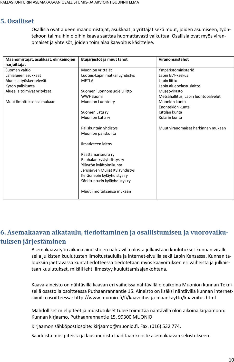 Maanomistajat, asukkaat, elinkeinojen harjoittajat Suomen valtio Lähialueen asukkaat Alueella työskentelevät Kyrön paliskunta Alueella toimivat yritykset Muut ilmoituksensa mukaan Etujärjestöt ja