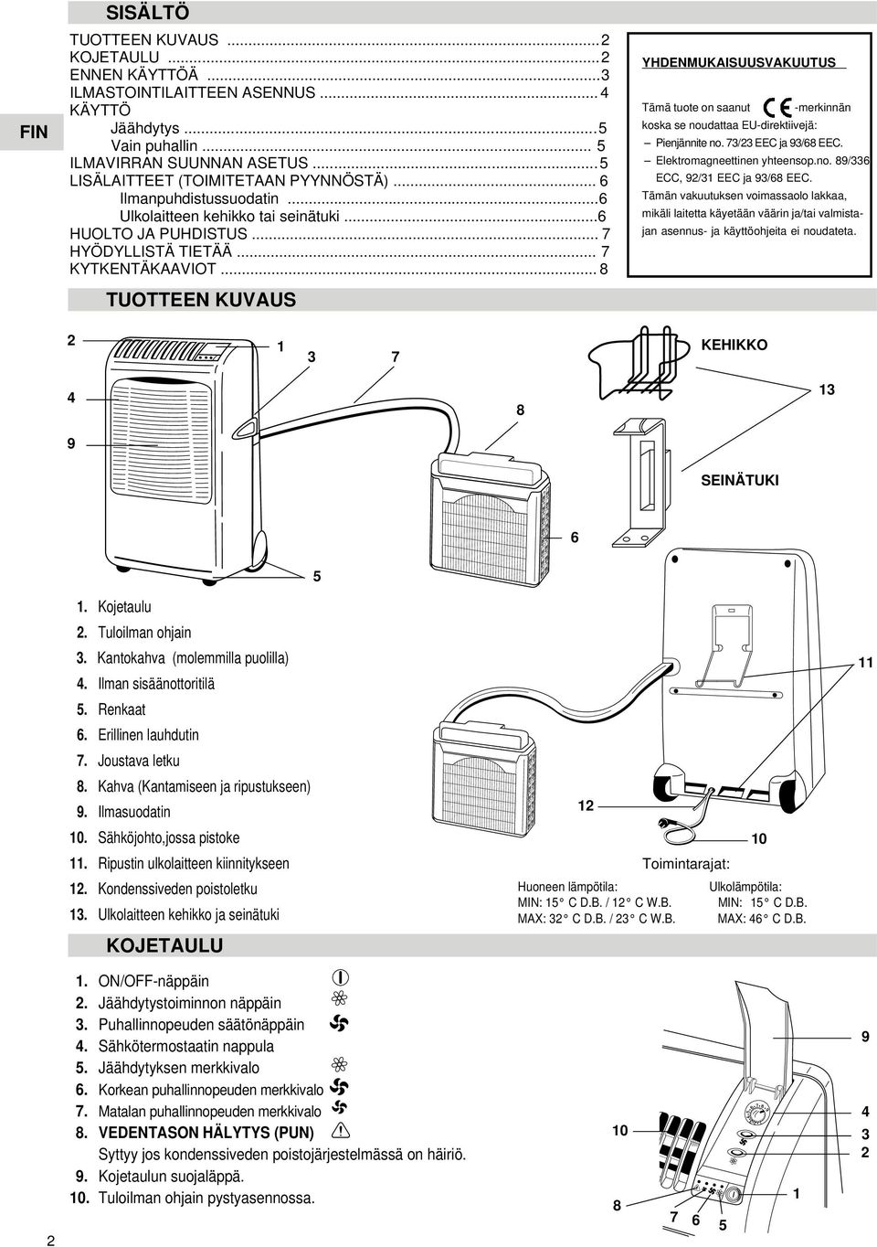 .. 8 TUOTTEEN KUVAUS YHDENMUKAISUUSVAKUUTUS Tämä tuote on saanut -merkinnän koska se noudattaa EU-direktiivejä: Pienjännite no. 7/ EEC ja 9/68 EEC. Elektromagneettinen yhteensop.no. 89/6 ECC, 9/ EEC ja 9/68 EEC.