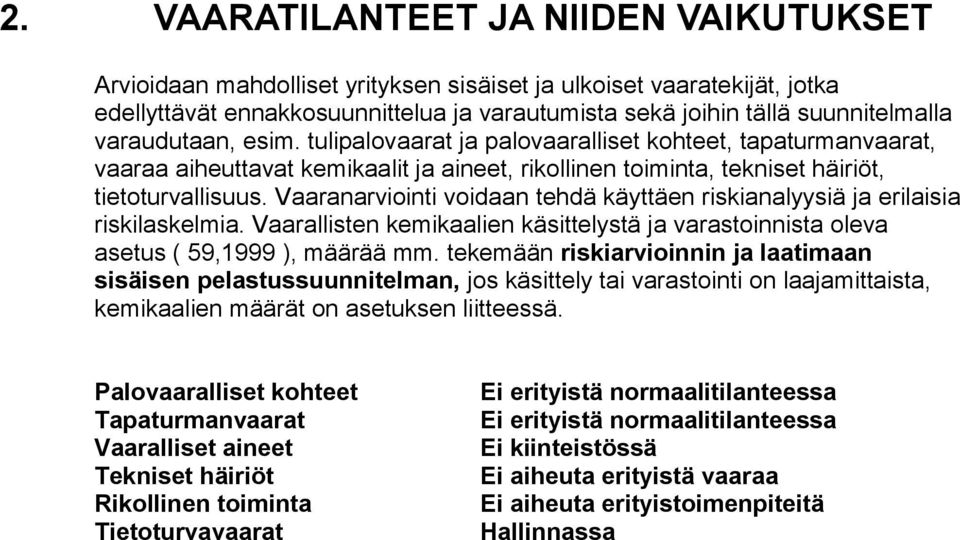 Vaaranarviointi voidaan tehdä käyttäen riskianalyysiä ja erilaisia riskilaskelmia. Vaarallisten kemikaalien käsittelystä ja varastoinnista oleva asetus ( 59,1999 ), määrää mm.