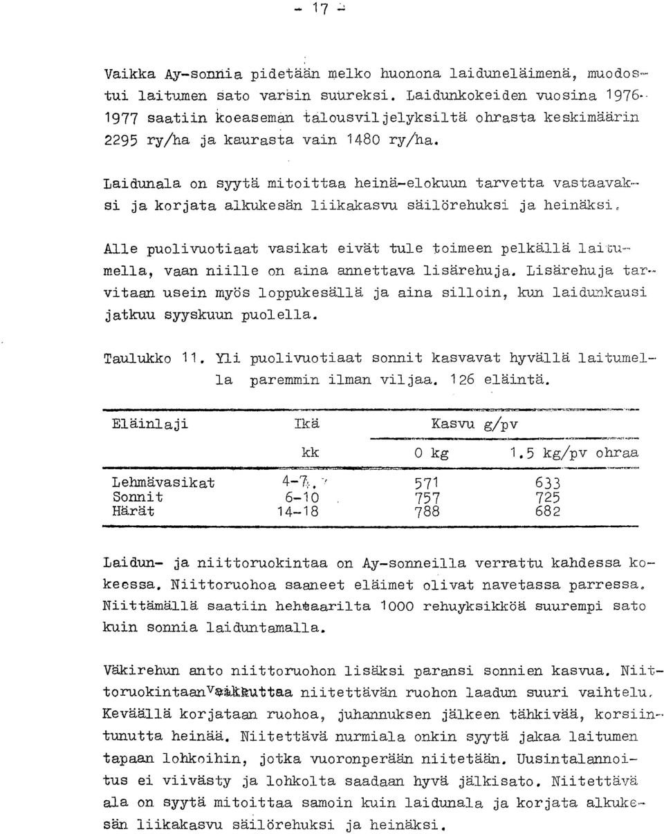 Laidunala on syytä mitoittaa heinä-elokuun tarvetta vastaavaksi ja korjata alkukesän liikakasvu säilörehuksi ja heinäksi, Alle puolivuotiaat vasikat eivät tule toimeen pelkällä laitmmella, vaan