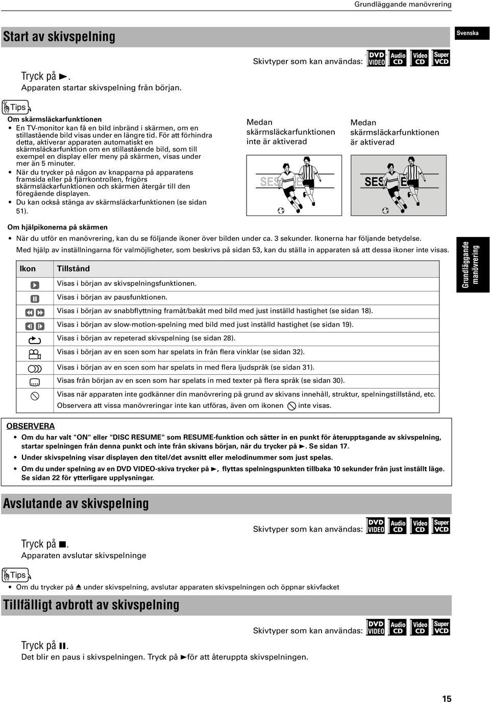 För att förhindra detta, aktiverar apparaten automatiskt en skärmsläckarfunktion om en stillastående bild, som till exempel en display eller meny på skärmen, visas under mer än minuter.