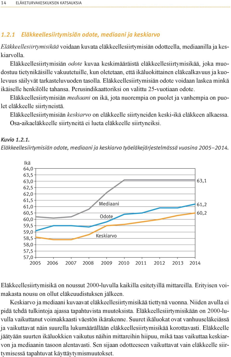 tarkasteluvuoden tasolla. Eläkkeellesiirtymisiän odote voidaan laskea minkä ikäiselle henkilölle tahansa. Perusindikaattoriksi on valittu 25-vuotiaan odote.