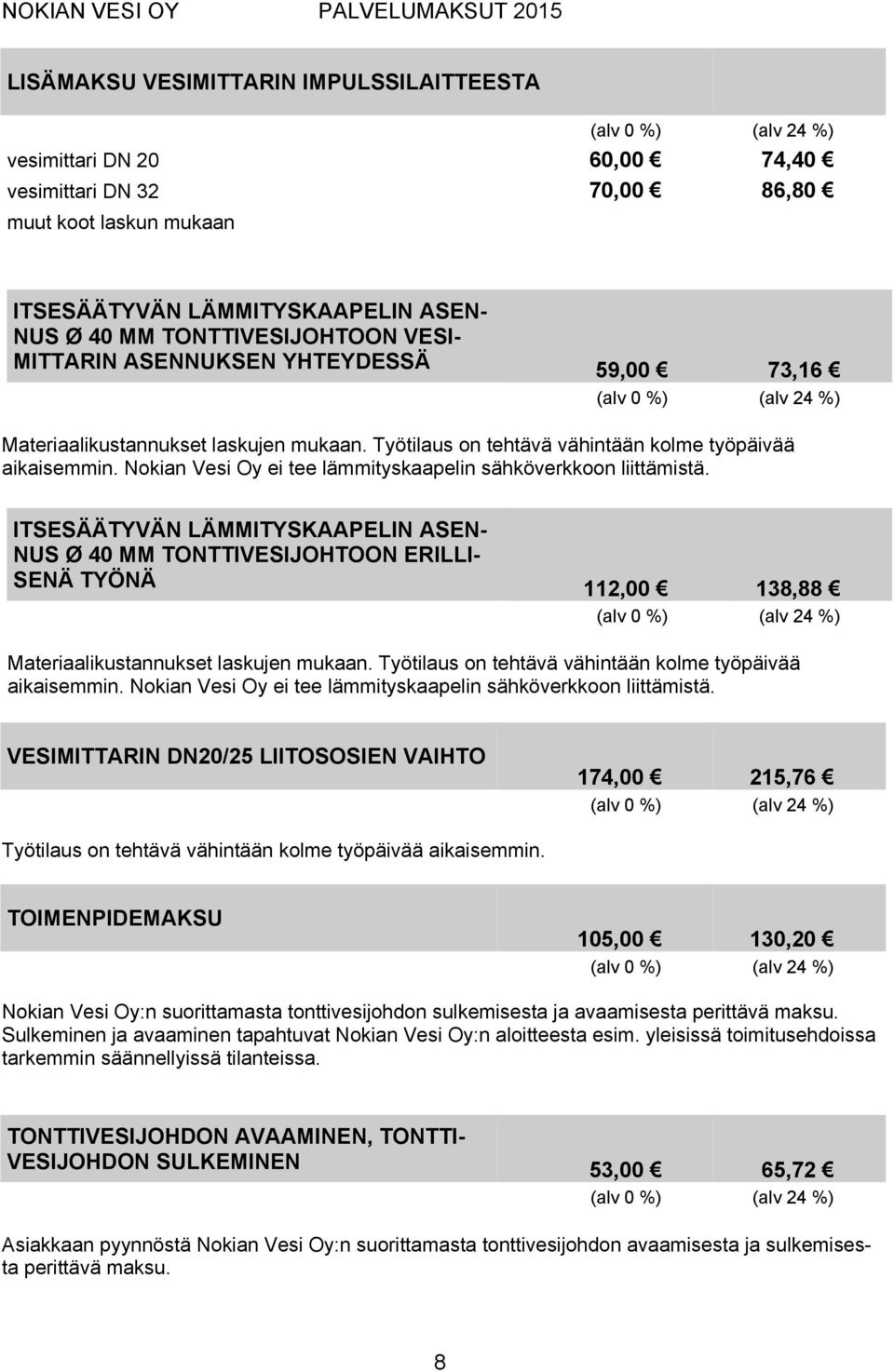Nokian Vesi Oy ei tee lämmityskaapelin sähköverkkoon liittämistä.